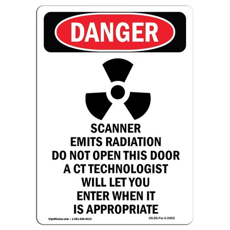 SIGNMISSION OSHA Danger Sign, CT Scanner Emits Radiation, 10in X 7in Decal, 7" W, 10" H, Portrait OS-DS-D-710-V-2465